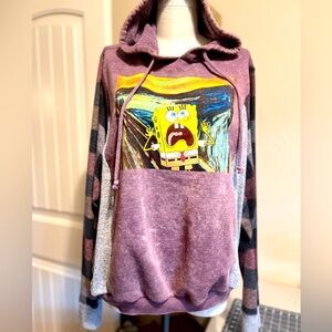 Upcycled SpongeBob hoodie with sweater sleeve.